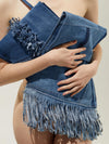 DENIM MESSENGER BAG WITH CENTRAL FRINGES